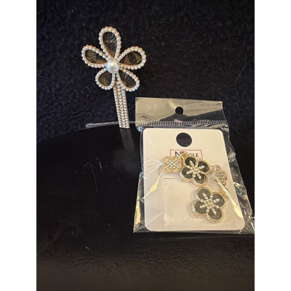 Elegant Gold Tone Rhinestone pearl Hair Clip With LV Leather Inside W/earings